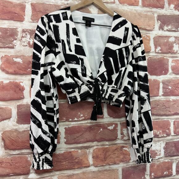 House of Harlow 1960 Crop Top Women's L Linen Blend Artsy Abstract Shirt - Picture 2 of 9